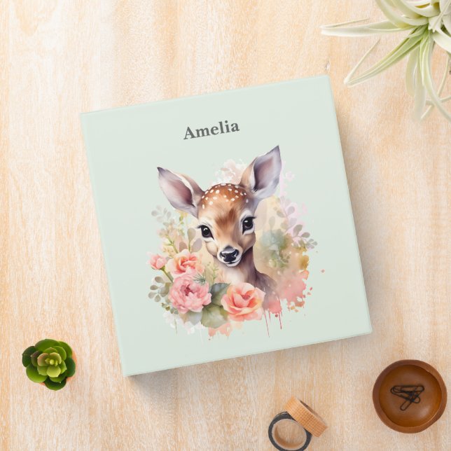 Cute Deer Surrounded By Roses 3 Ring Binder (In Situ)