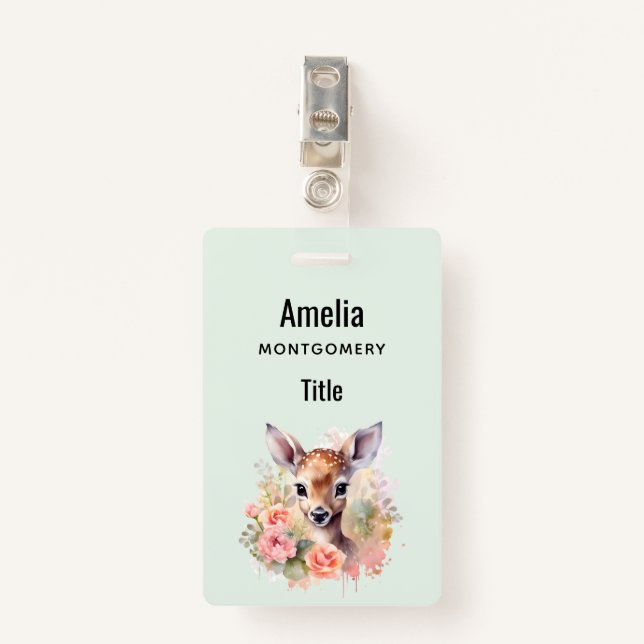 Cute Deer Surrounded By Roses Badge (Front with Clip)