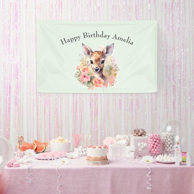 Cute Deer Surrounded By Roses Birthday Banner (Party)