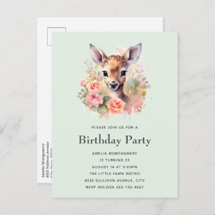Cute Deer Surrounded By Roses Birthday Invitation Postcard