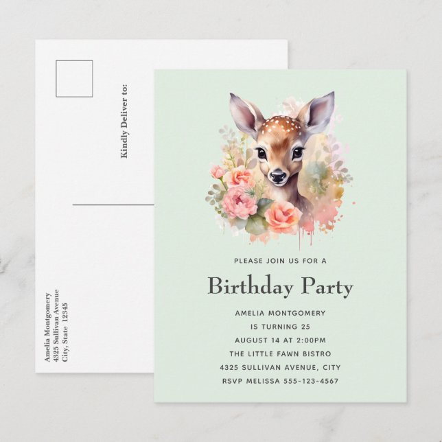 Cute Deer Surrounded By Roses Birthday Invitation Postcard (Front/Back)