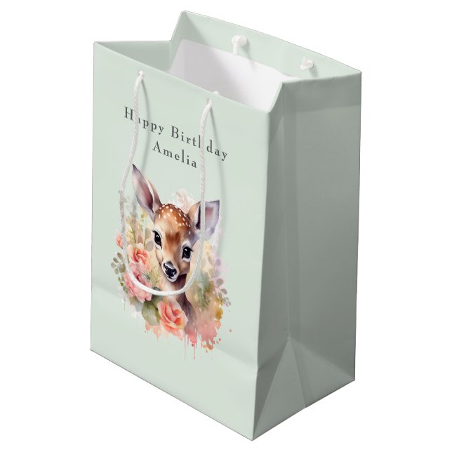 Cute Deer Surrounded By Roses Birthday Medium Gift Bag (Back Angled)