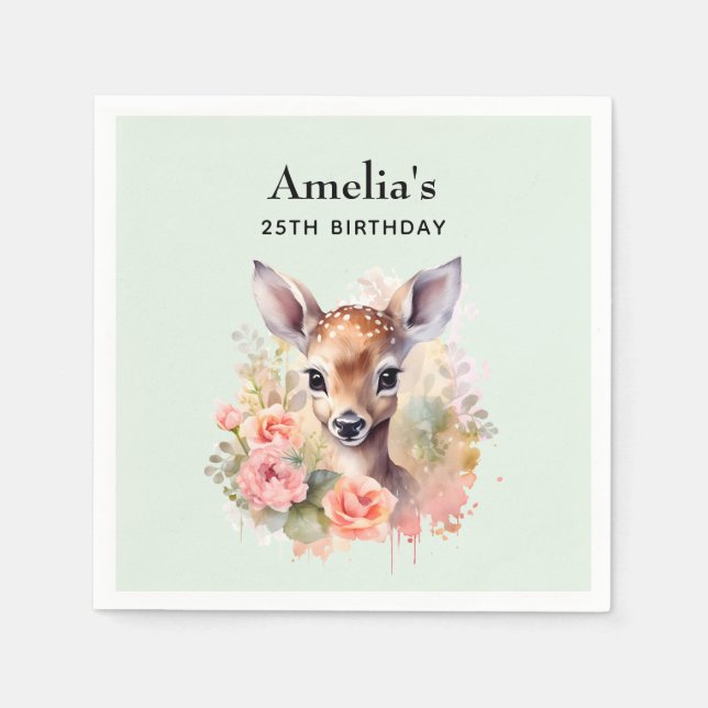 Cute Deer Surrounded By Roses Birthday Napkins (Front)