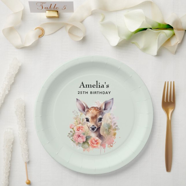 Cute Deer Surrounded By Roses Birthday Paper Plates (Wedding)