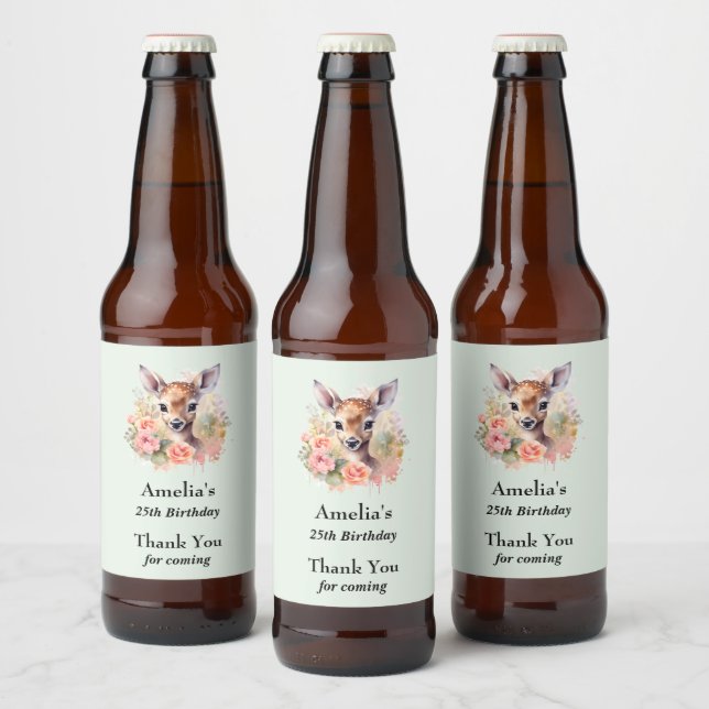 Cute Deer Surrounded By Roses Birthday Thank You Beer Bottle Label (Bottles)