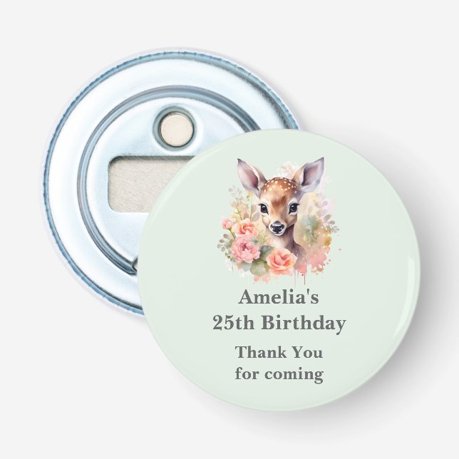 Cute Deer Surrounded By Roses Birthday Thank You Bottle Opener (Front)