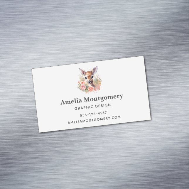 Cute Deer Surrounded By Roses Business Card Magnet (In Situ)