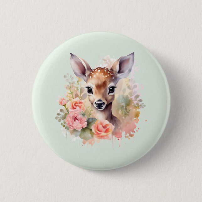 Cute Deer Surrounded By Roses Button (Front)