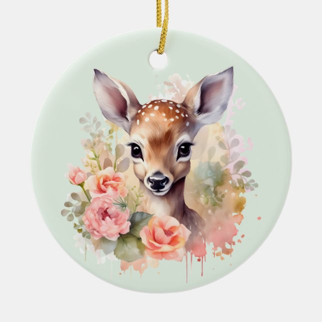Cute Deer Surrounded By Roses Ceramic Ornament (Front)