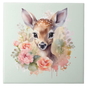 Cute Deer Surrounded By Roses Ceramic Tile