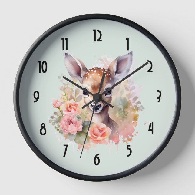 Cute Deer Surrounded By Roses Clock (Front)