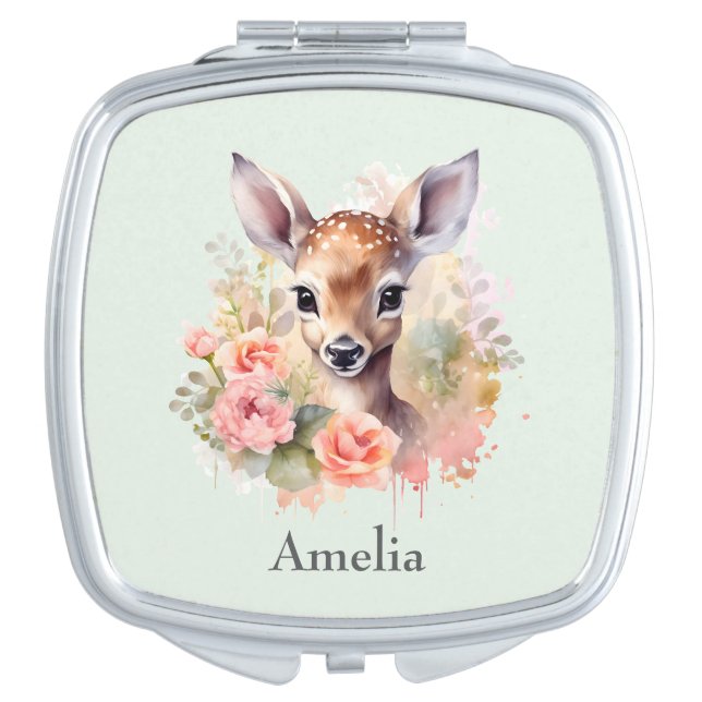Cute Deer Surrounded By Roses Compact Mirror (Front)