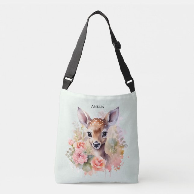 Cute Deer Surrounded By Roses Crossbody Bag (Front)