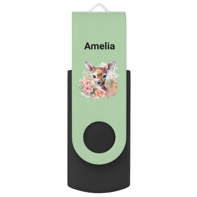 Cute Deer Surrounded By Roses Flash Drive (Front Vertical)