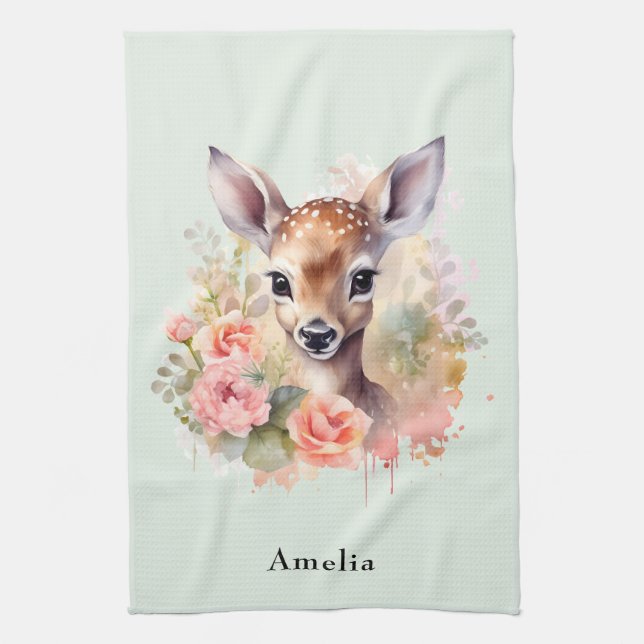 Cute Deer Surrounded By Roses Kitchen Towel (Vertical)