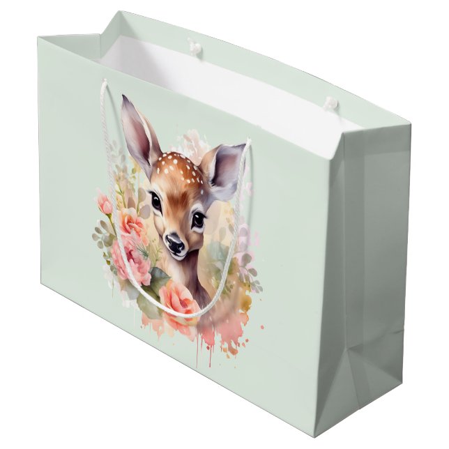 Cute Deer Surrounded By Roses Large Gift Bag (Back Angled)