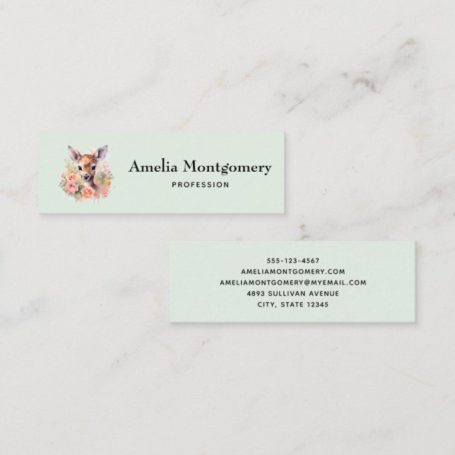 Cute Deer Surrounded By Roses Mini Business Card (Front/Back)