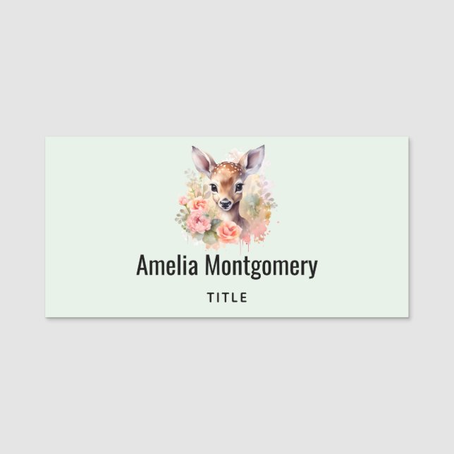 Cute Deer Surrounded By Roses Name Tag (Front)