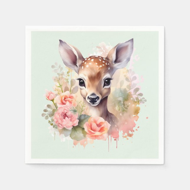 Cute Deer Surrounded By Roses Napkins (Front)
