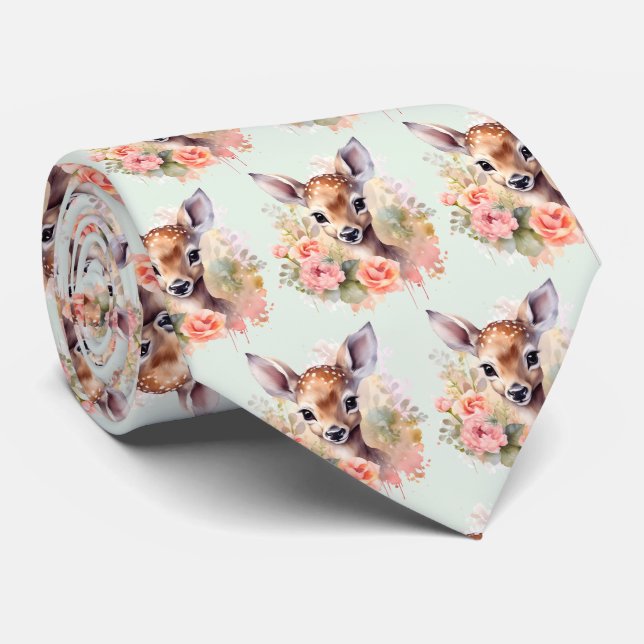 Cute Deer Surrounded By Roses Neck Tie (Rolled)