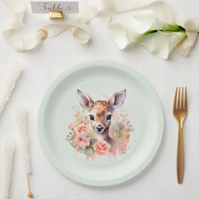 Cute Deer Surrounded By Roses Paper Plates (Wedding)