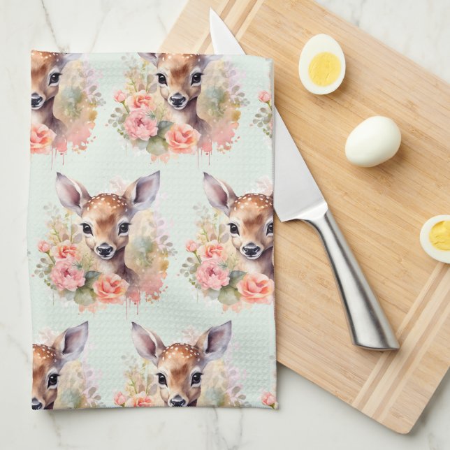 Cute Deer Surrounded By Roses Pattern Kitchen Towel (Quarter Fold)