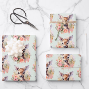 Cute Deer Surrounded By Roses Pattern Wrapping Paper Sheets