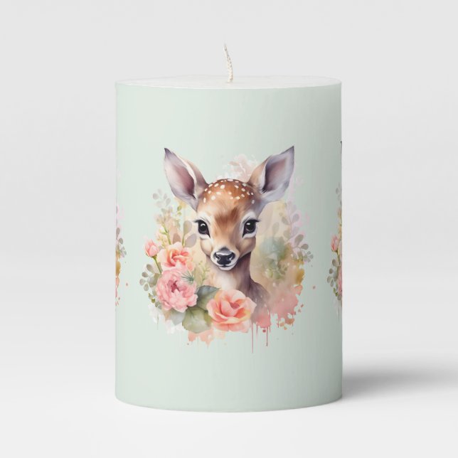 Cute Deer Surrounded By Roses Pillar Candle (Front)