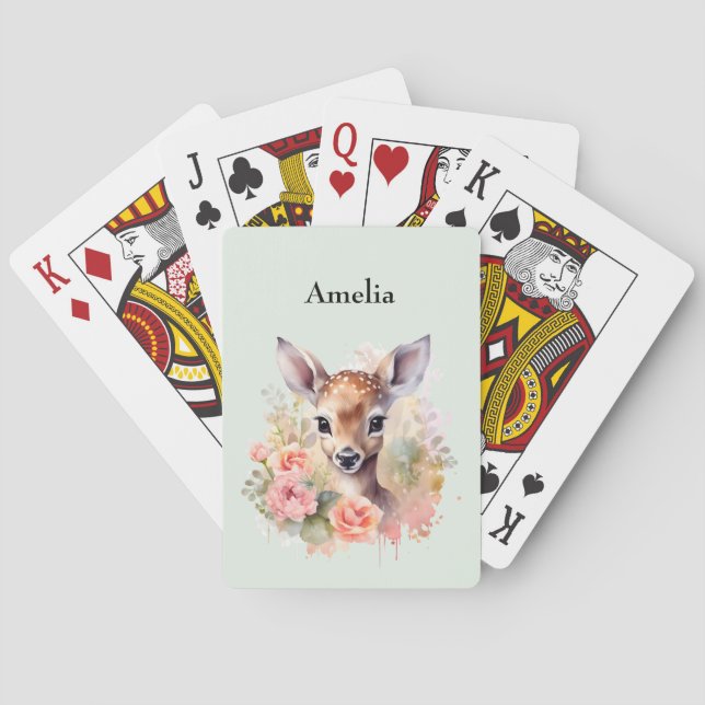 Cute Deer Surrounded By Roses Poker Cards (Back)