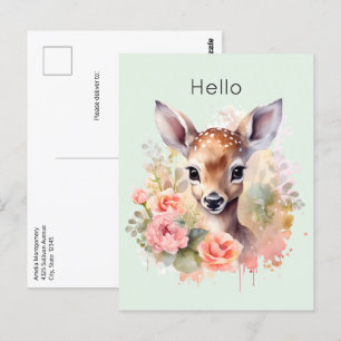 Cute Deer Surrounded By Roses Postcard