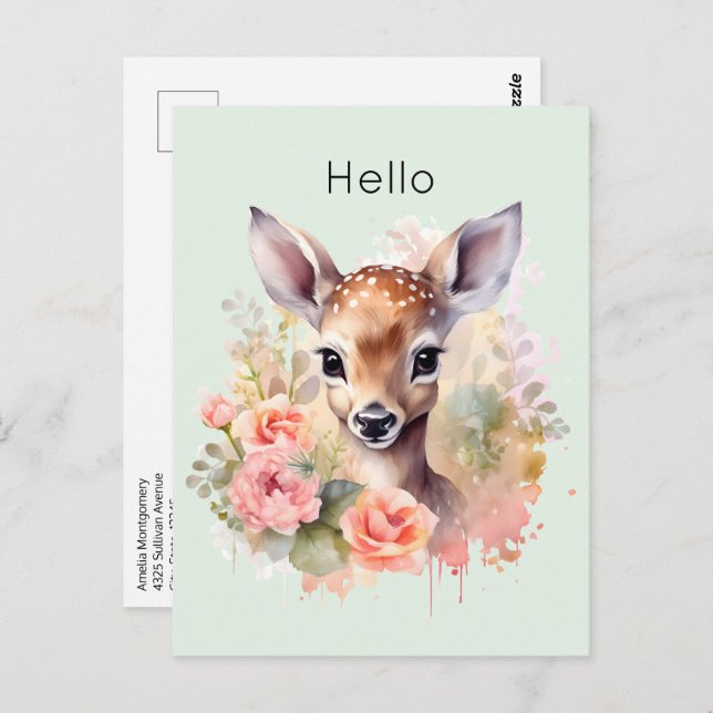 Cute Deer Surrounded By Roses Postcard (Front/Back)