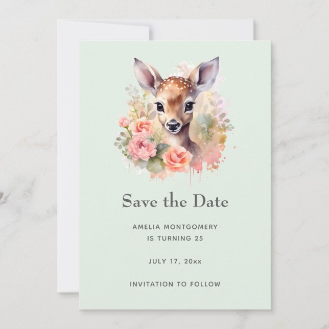 Cute Deer Surrounded By Roses Save The Date (Front)