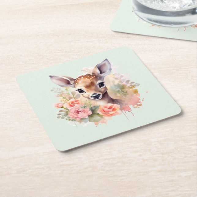 Cute Deer Surrounded By Roses Square Paper Coaster (Angled)