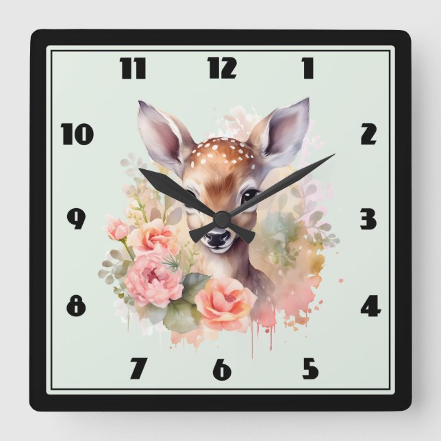 Cute Deer Surrounded By Roses Square Wall Clock (Front)