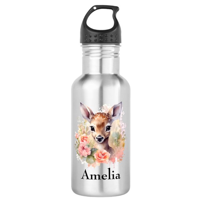 Cute Deer Surrounded By Roses Stainless Steel Water Bottle (Front)