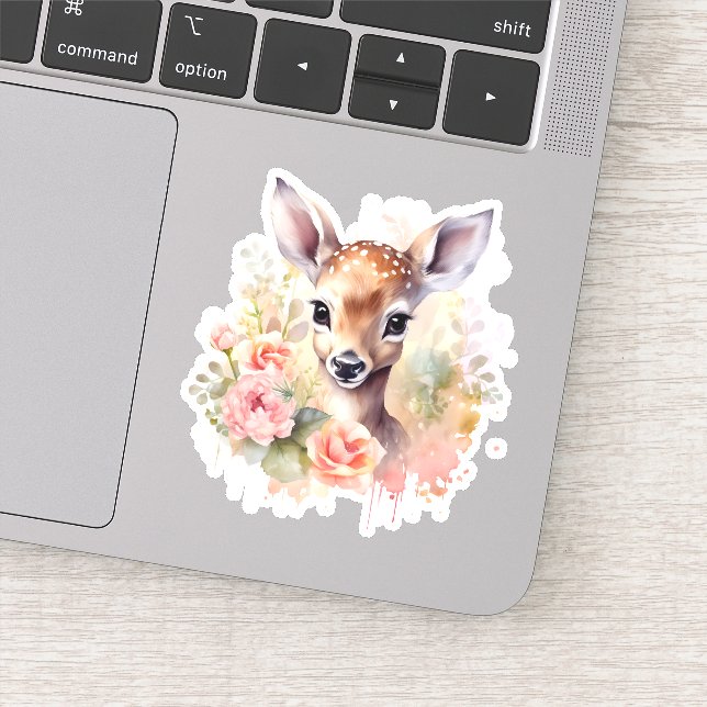 Cute Deer Surrounded By Roses Sticker (Detail)