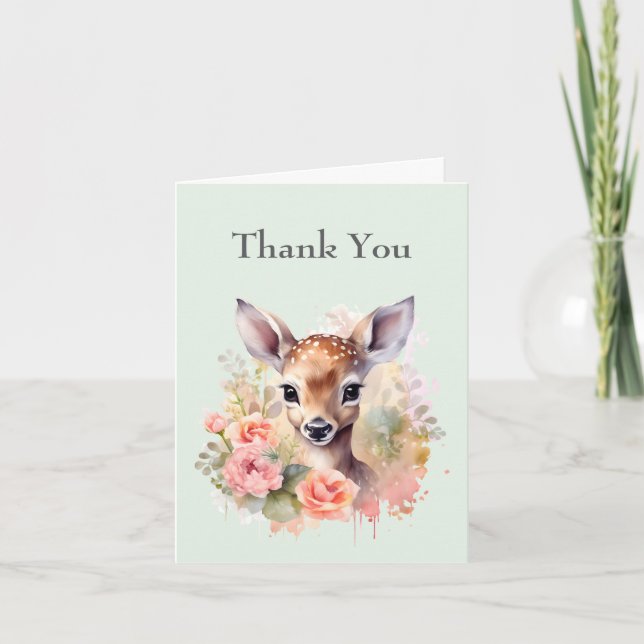 Cute Deer Surrounded By Roses Thank You Card (Front)
