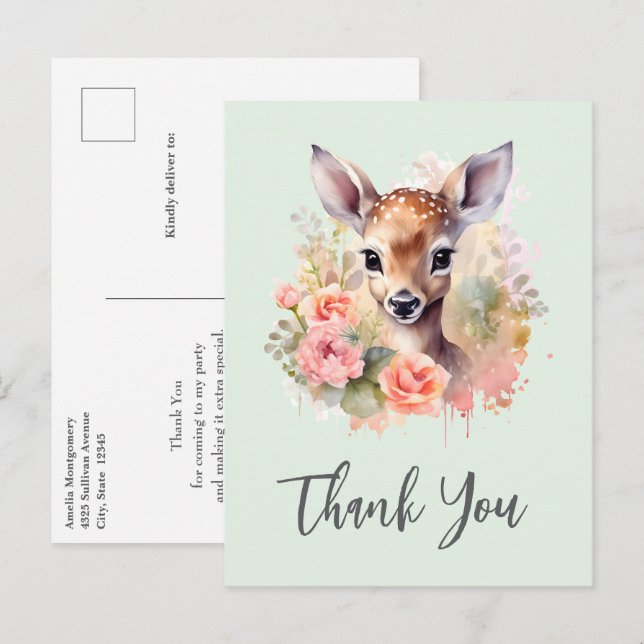 Cute Deer Surrounded By Roses Thank You Postcard (Front/Back)