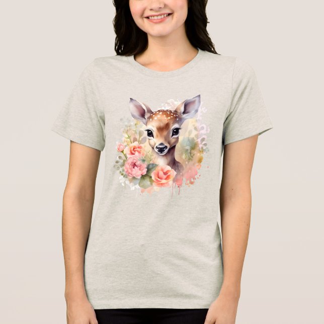 Cute Deer Surrounded By Roses Tri-Blend Shirt (Front)
