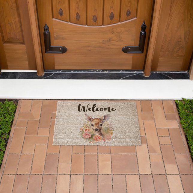 Cute Deer Surrounded By Roses Welcome Fiber Doormat (Insitu (Outdoor))