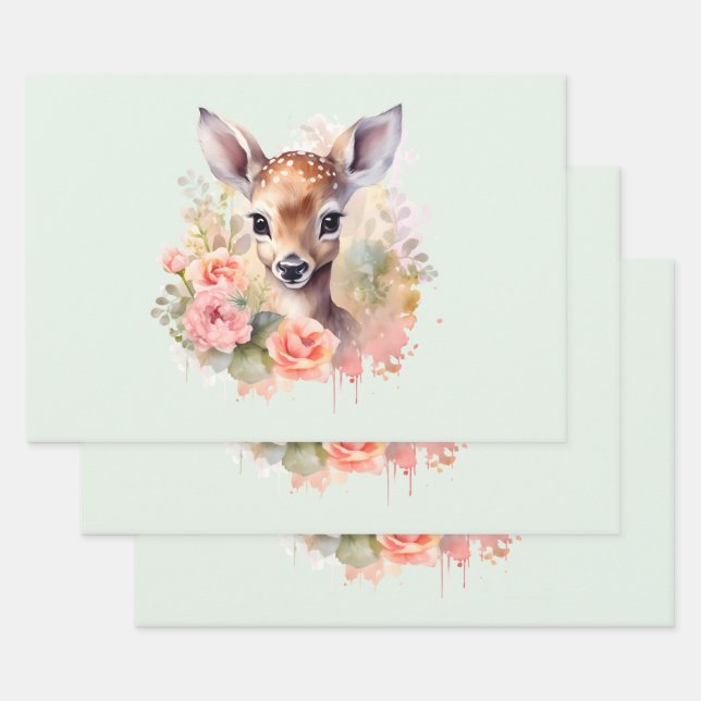 Cute Deer Surrounded By Roses Wrapping Paper Sheets (Set)