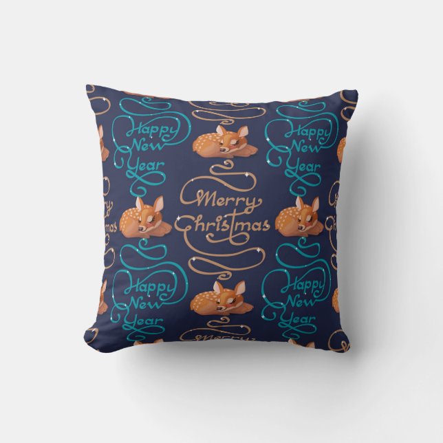 Cute Deer Typography New Year Merry Christmas Throw Pillow (Front)