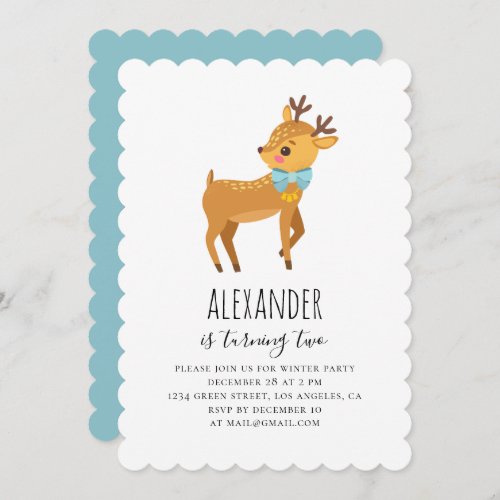 Cute deer Winter animal Baby boy birthday party Invitation