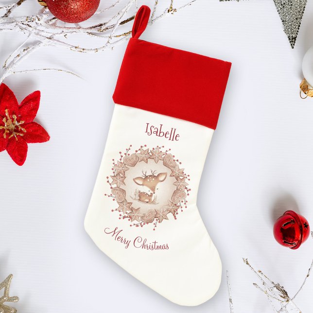 Cute Deer Winter Berries Name Christmas Stocking (Christmas stocking with Cute deer for a girl, red and white)