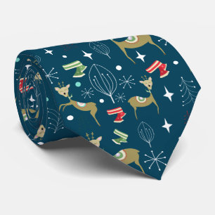 Cute deer with Christmas trees and snowflakes Neck Tie