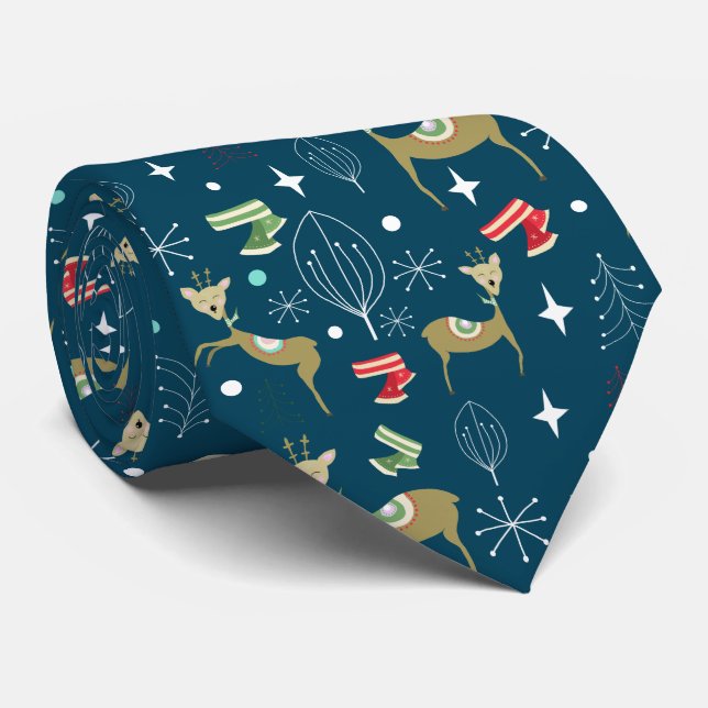 Cute deer with Christmas trees and snowflakes Neck Tie (Rolled)