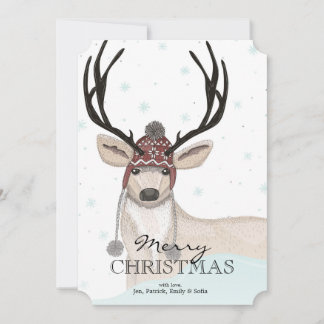 Cute Deer With Hat Winter Background Holiday Card