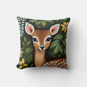 Cute Deer with Leaves and Flowers Throw Pillow