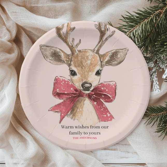 Cute Deer with Red Bow Neutral Christmas  Paper Plates (Creator Uploaded)