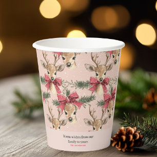Cute Deer with Red Bow Pink Christmas Paper Cups